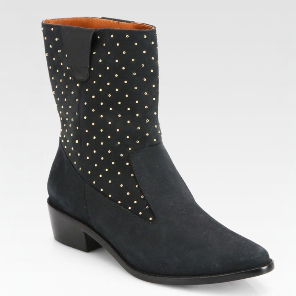 Rebecca‎ Minkoff Sydnie Black Suede Stud Studded Western Ankle Boots Booties 7.5